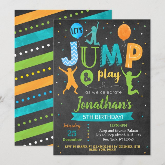 Invitación de cumpleaños para saltar en trampolín (Anverso / Reverso)