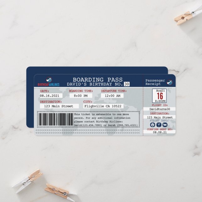 Invitación de cumpleaños para tarjetas de embarque (Anverso/Reverso In Situ)