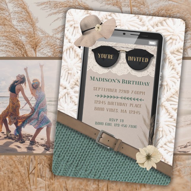 Invitación de cumpleaños para teléfono celular boh (Modern Boho Cell Phone Birthday Invitation)