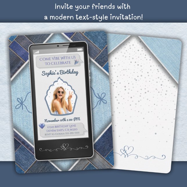 Invitación de cumpleaños para teléfono celular de  (Trendy Blue Denim Cell Phone Birthday Invitation)