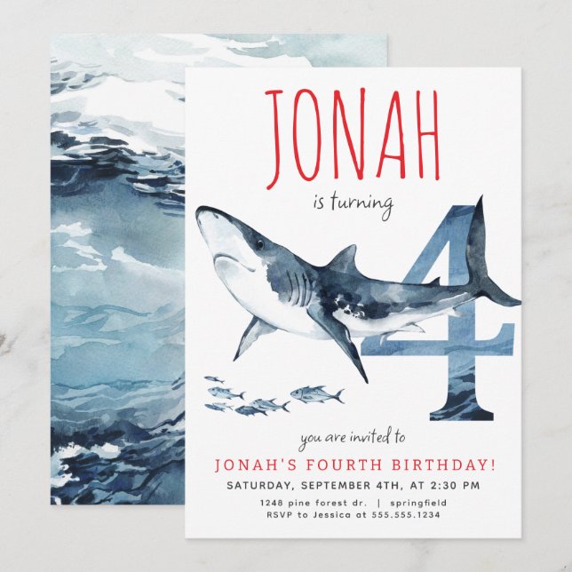 Invitación de cumpleaños para tiburón (Anverso / Reverso)