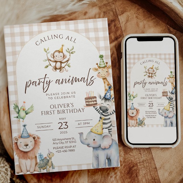 Invitación de cumpleaños para todos los animales d (Wild One first birthday parties
Safari birthday celebrations
Jungle animal themed birthdays
Baby boy)
