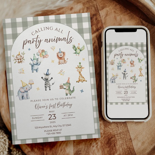 Invitación de cumpleaños para todos los animales d (Wild One first birthday parties
Safari birthday celebrations
Jungle animal themed birthdays
Baby boy)