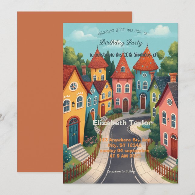 Invitación de cumpleaños para un barrio colorido   (Anverso / Reverso)