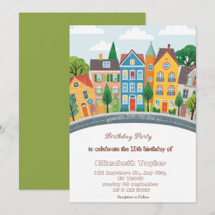 Invitación de cumpleaños para un barrio colorido  