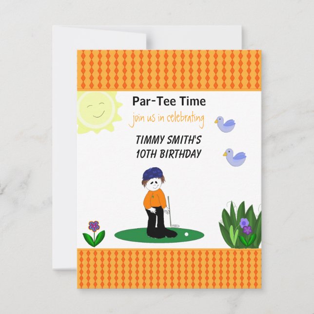 Invitación de cumpleaños para una fiesta de golf c (Anverso)