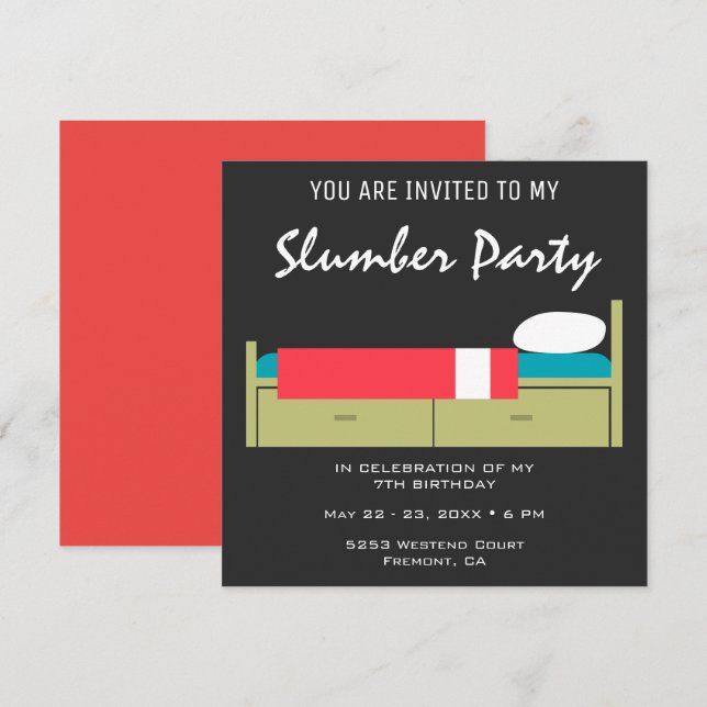 Invitación de cumpleaños para una fiesta de pijama (Anverso / Reverso)