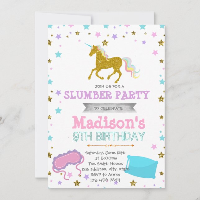 invitación de cumpleaños para una fiesta de pijama (Anverso)