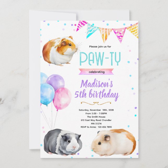 invitación de cumpleaños para una niña con cobayas (Anverso)