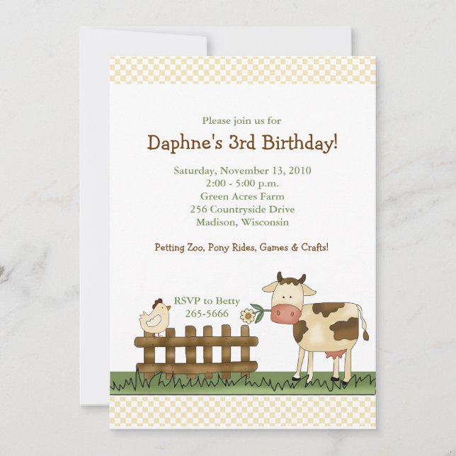 Invitación de cumpleaños para vaca de granja dulce (Anverso)