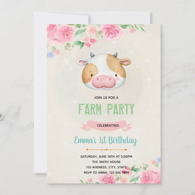 Invitación de cumpleaños para vacas vacas (Anverso)