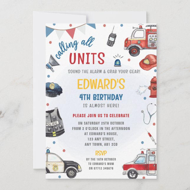 Invitación de cumpleaños para vehículos de emergen (Anverso)