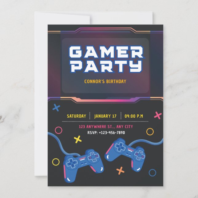 Invitación de cumpleaños para videojuegos (Anverso)