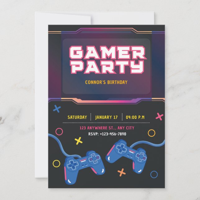Invitación de cumpleaños para videojuegos (Anverso)