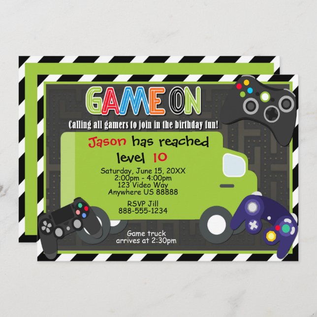 Invitación de cumpleaños para videojuegos de Game  (Anverso / Reverso)