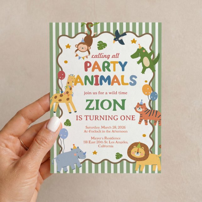 Invitación de cumpleaños Party Animals Green Safar (Green safari Party Animals invitation for a fun boy’s first birthday celebration. 🦁🌿🎉)