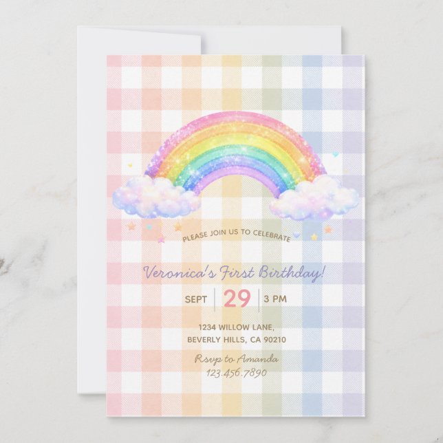 Invitación de cumpleaños pastel arcoíris de cuadro (Anverso)