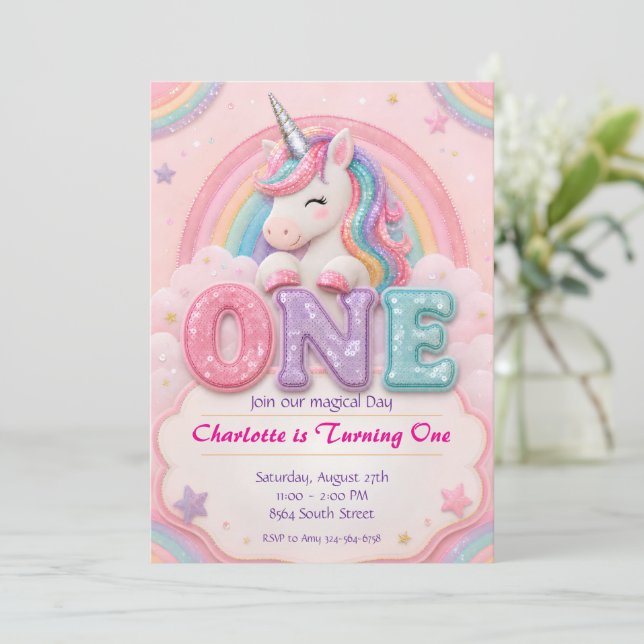 Invitación de cumpleaños Pastel Arcoíris Unicornio (Anverso de pie)