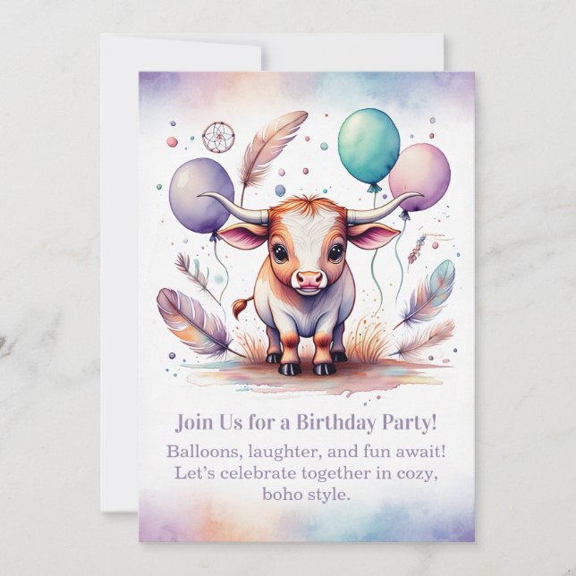 Invitación de cumpleaños Pastel Boho de Ternero de (Anverso)