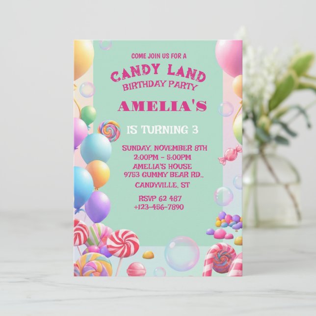 Invitación de Cumpleaños Pastel Candy Land (Anverso de pie)