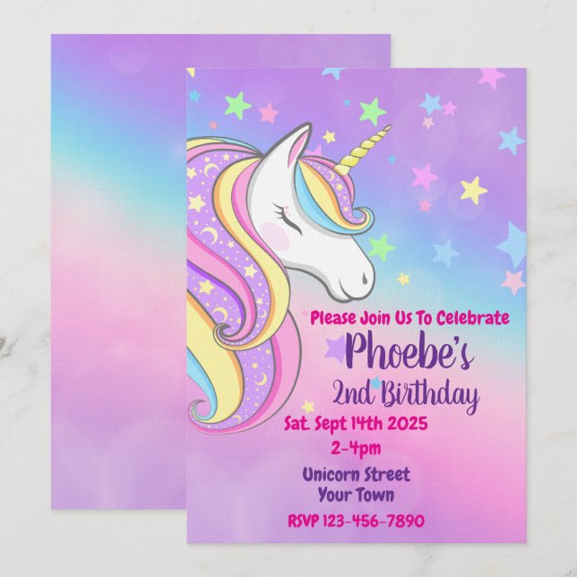 Invitación de Cumpleaños Pastel de Arcoíris de Uni (Anverso / Reverso)