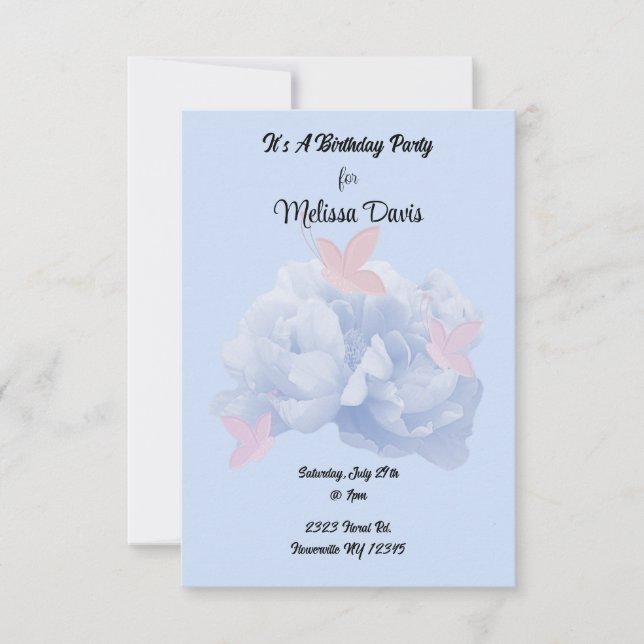 Invitación de cumpleaños pastel de peonías y marip (Anverso)