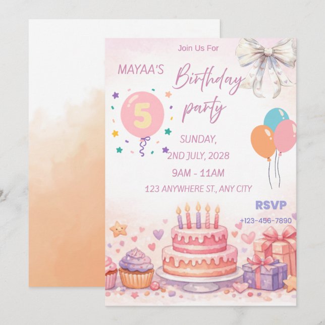 Invitación de cumpleaños pastel – Delicioso pastel (Anverso / Reverso)