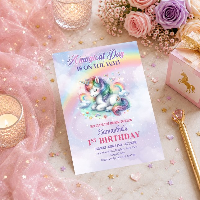 Invitación de cumpleaños pastel mágico unicornio e (Enchanted Unicorn Magical Day Pastel Birthday Invite

)