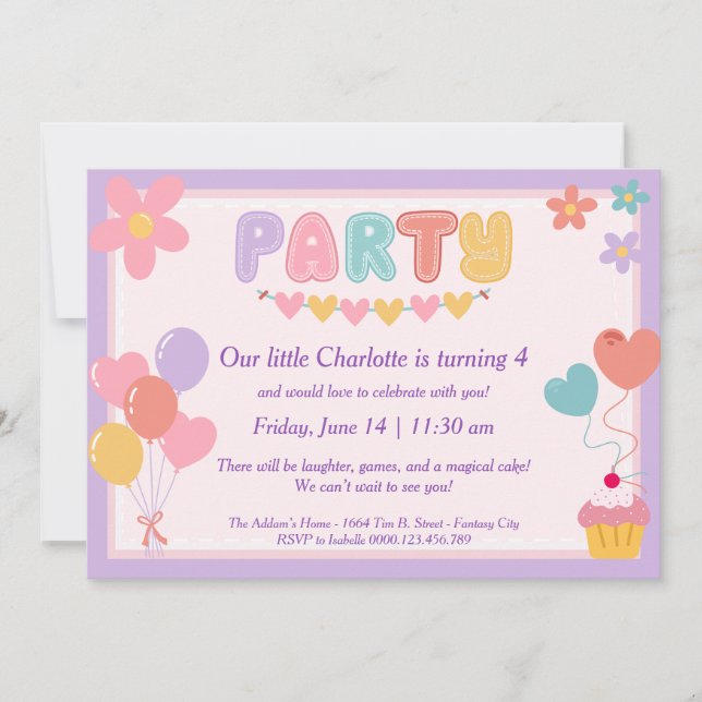 Invitación de cumpleaños pastel morado (Anverso)