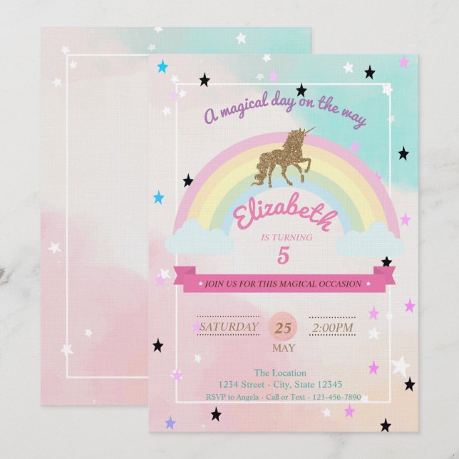 Invitación de cumpleaños Pastel, Unicornio, Estrel (Anverso / Reverso)