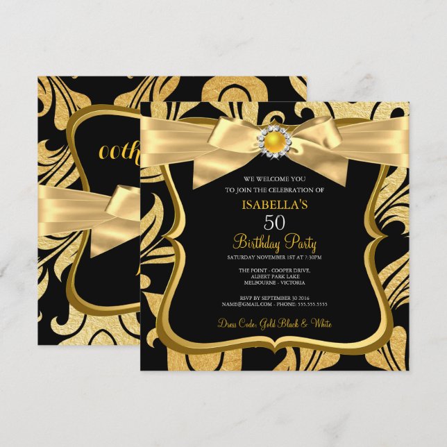 Invitación de cumpleaños Pearl Gold Yellow Bow Bla (Anverso / Reverso)
