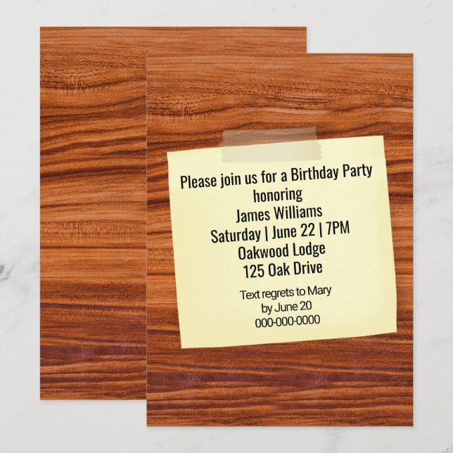 Invitación de cumpleaños pegada en madera (Anverso / Reverso)