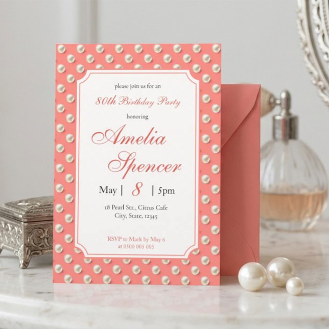 Invitación de cumpleaños perlas rosa coral Chic Vi (Subido por el creador)