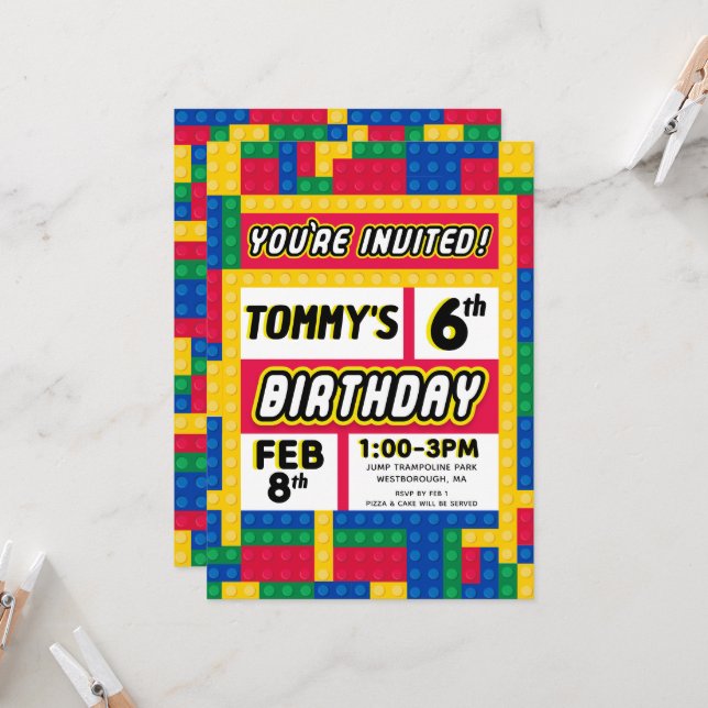 Invitación de cumpleaños personalizable Brick Buil (Anverso/Reverso In Situ)