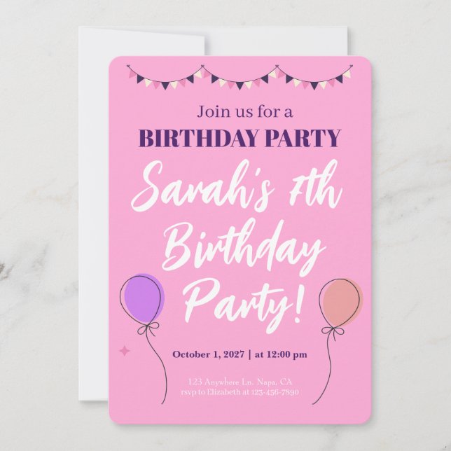 Invitación de cumpleaños personalizable para niñas (Anverso)
