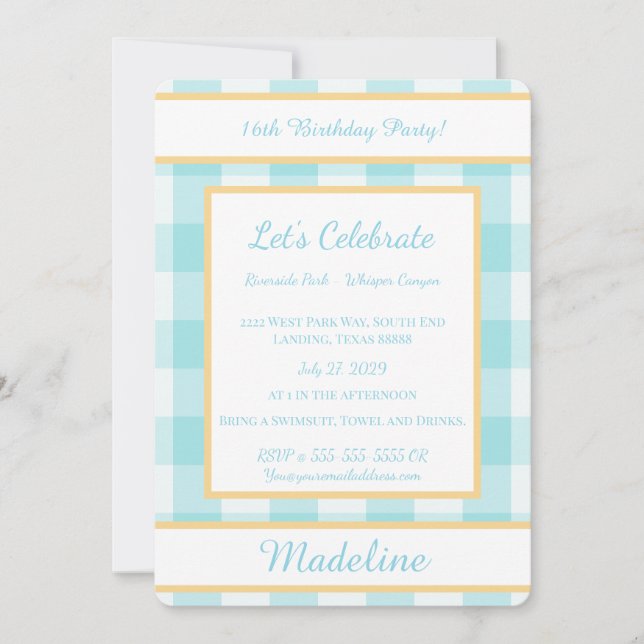 Invitación de cumpleaños personalizada a cuadros a (Anverso)