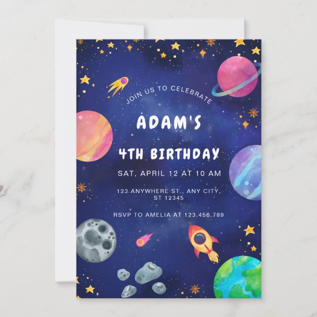 Invitación de cumpleaños personalizada al espacio  (Anverso)