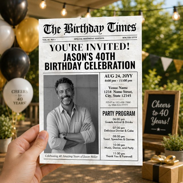 Invitación de cumpleaños personalizada con periódi (Custom Birthday Newspaper Invitation with Program)