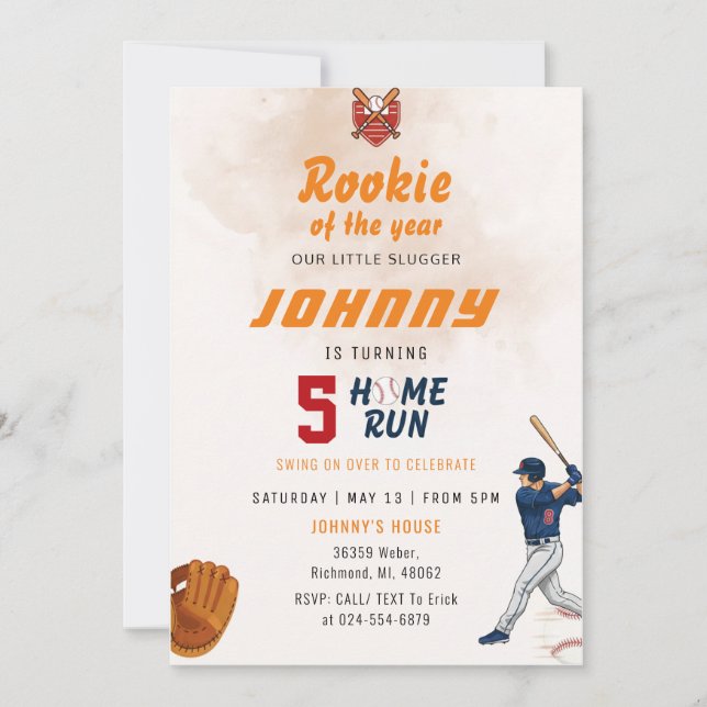 Invitación de Cumpleaños Personalizada de Béisbol (Anverso)