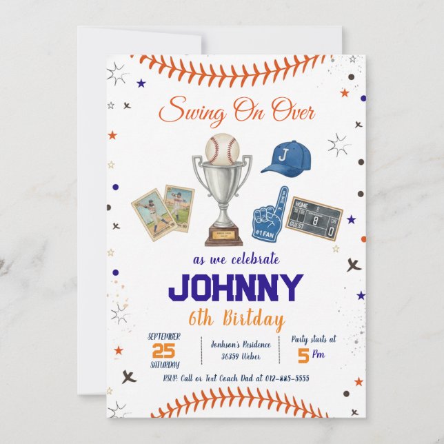 Invitación de Cumpleaños Personalizada de Béisbol (Anverso)