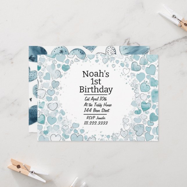 Invitación de cumpleaños personalizada de Blue Hea (Anverso/Reverso In Situ)