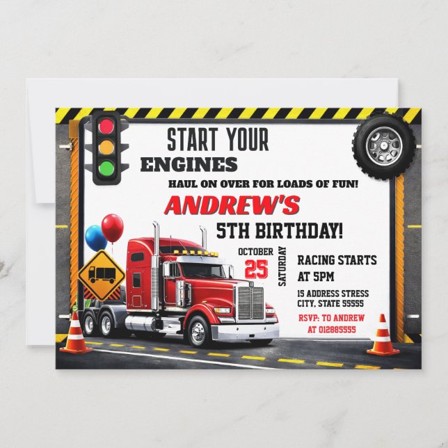 Invitación de cumpleaños personalizada de camión s (Anverso)