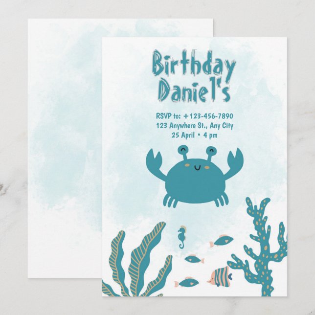 Invitación de cumpleaños personalizada de cangrejo (Anverso / Reverso)
