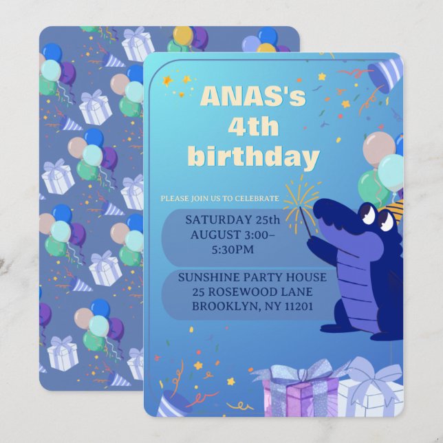 Invitación de cumpleaños personalizada de dinosaur (Anverso / Reverso)