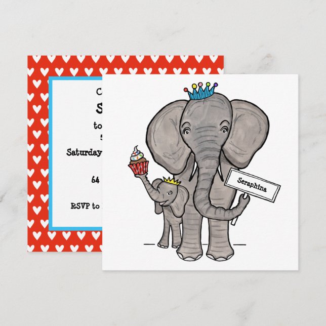 Invitación de cumpleaños personalizada de elefante (Anverso / Reverso)