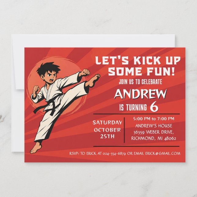 Invitación de cumpleaños personalizada de karate (Anverso)