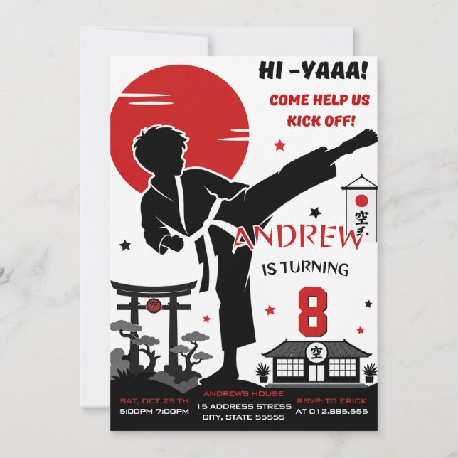 Invitación de cumpleaños personalizada de karate p (Anverso)