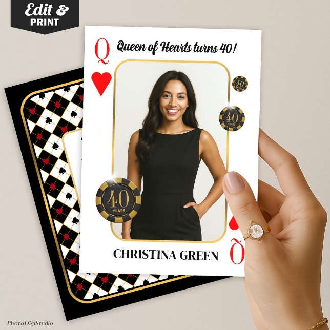 Invitación de cumpleaños personalizada de la Reina (Custom Queen of Hearts Birthday Invite with Photo, Casino Invitation)