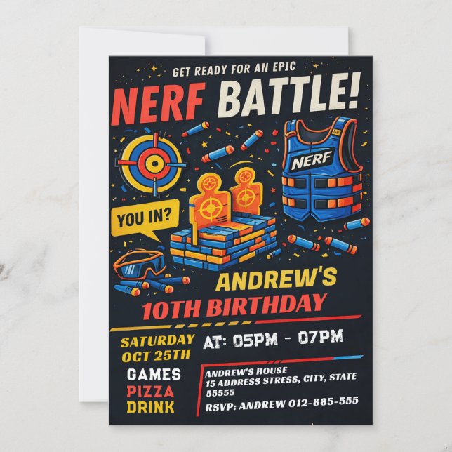 Invitación de cumpleaños personalizada de Nerf par (Anverso)