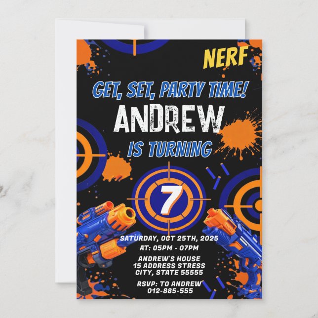 Invitación de cumpleaños personalizada de Nerf par (Anverso)